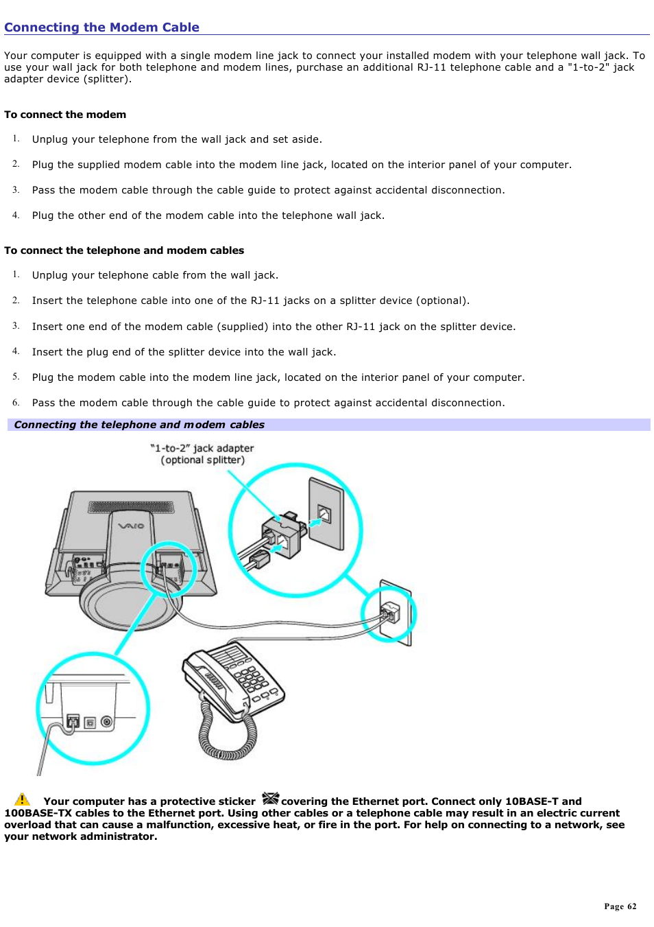 Connecting the modem cable | Sony VGC-V520G User Manual | Page 62 / 157