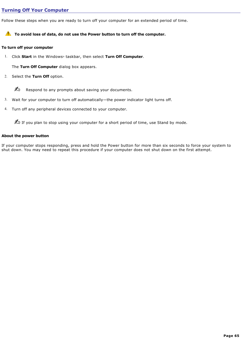 Turning off your computer | Sony VGC-V520G User Manual | Page 65 / 157