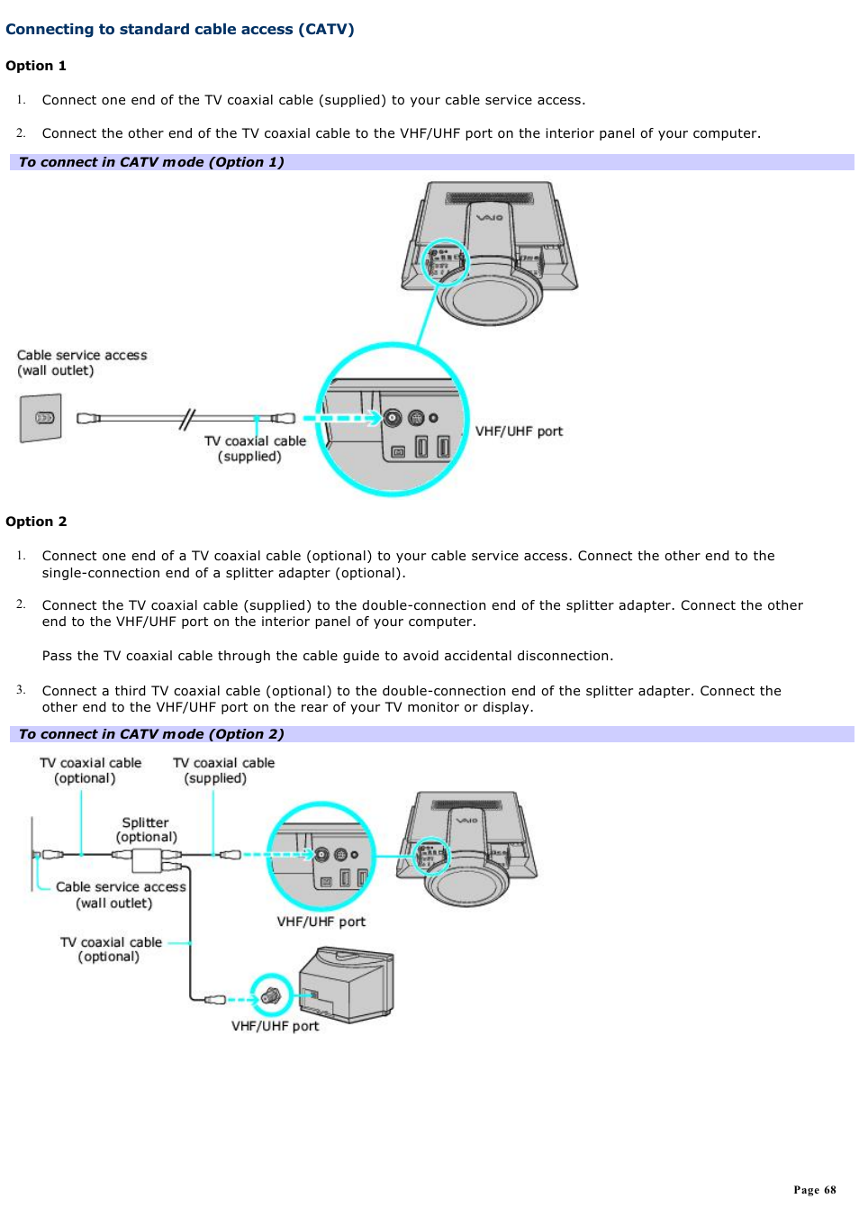 Connecting to standard cable access (catv) | Sony VGC-V520G User Manual | Page 68 / 157