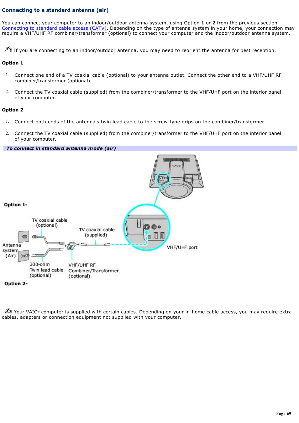 Connecting to a standard antenna (air) | Sony VGC-V520G User Manual | Page 69 / 157