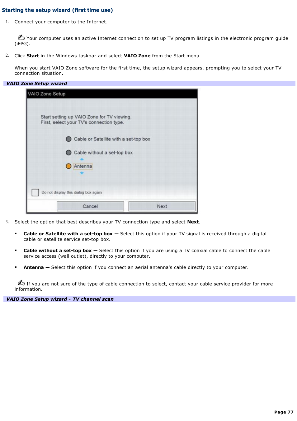 Starting the setup wizard (first time use) | Sony VGC-V520G User Manual | Page 77 / 157