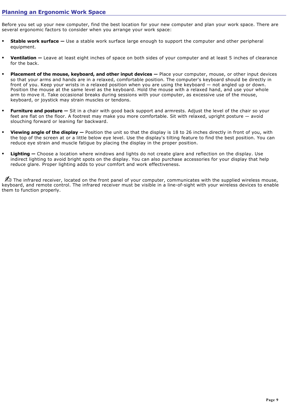 Planning an ergonomic work space | Sony VGC-V520G User Manual | Page 9 / 157