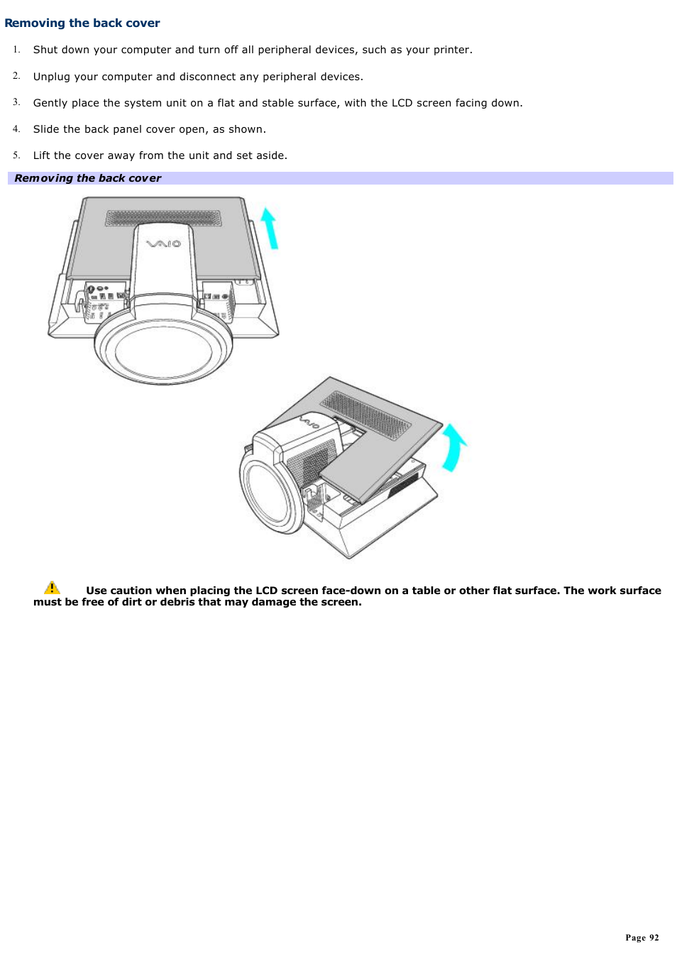 Removing the back cover | Sony VGC-V520G User Manual | Page 92 / 157