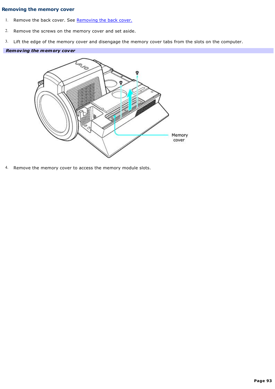 Removing the memory cover | Sony VGC-V520G User Manual | Page 93 / 157