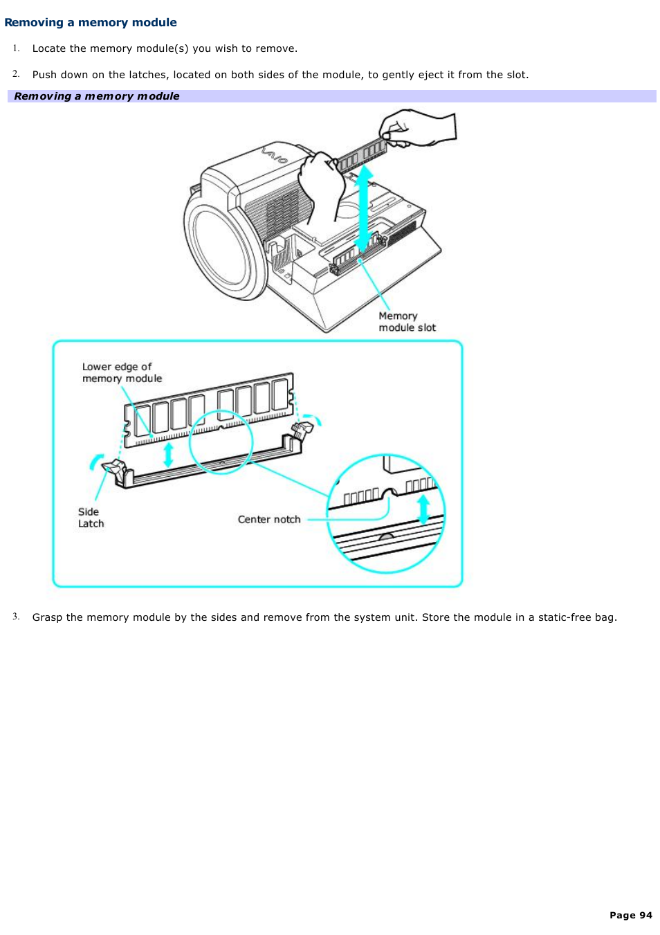 Removing a memory module | Sony VGC-V520G User Manual | Page 94 / 157