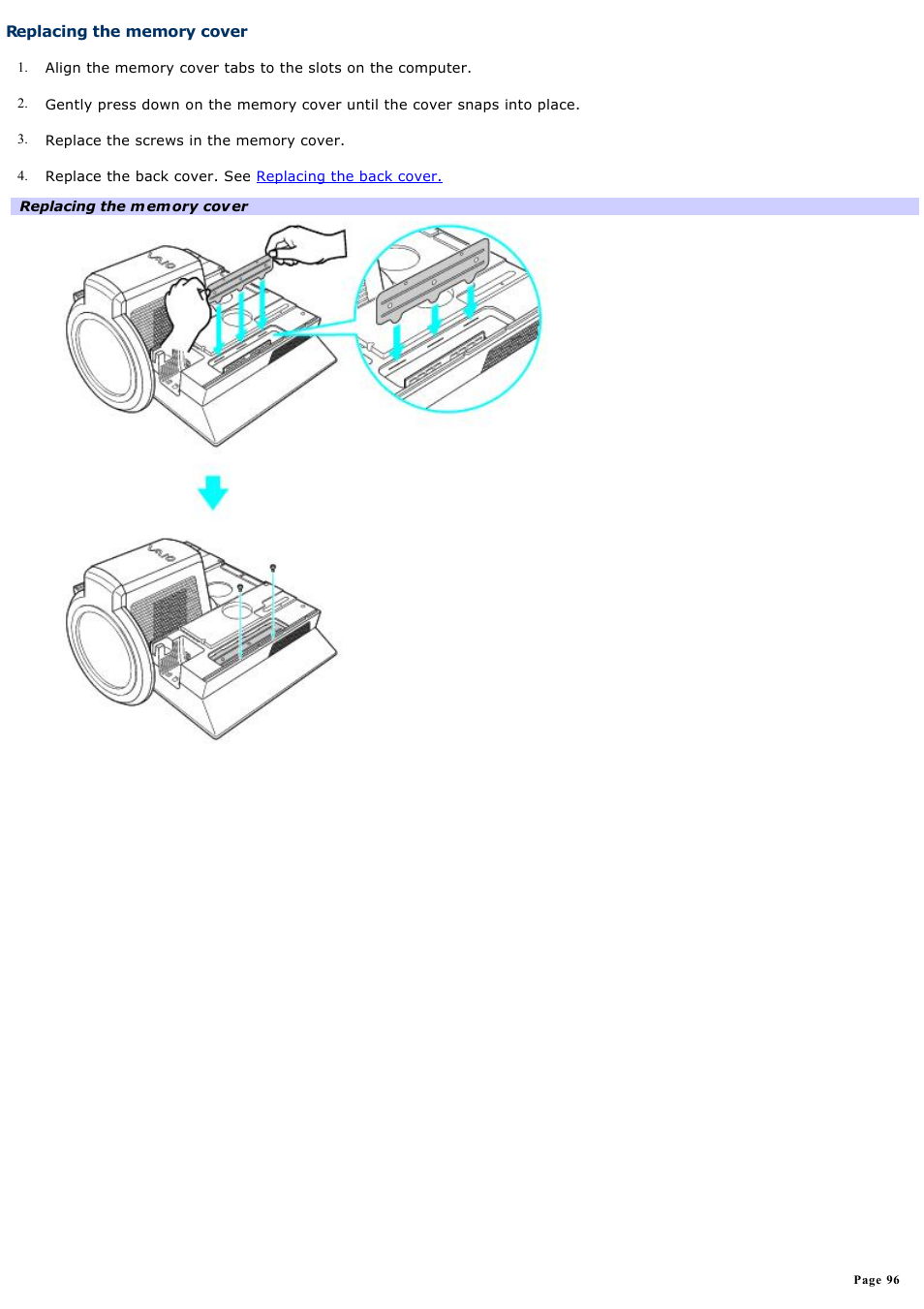 Replacing the memory cover | Sony VGC-V520G User Manual | Page 96 / 157