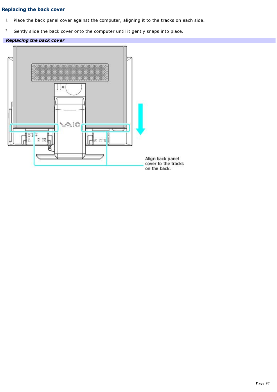 Replacing the back cover | Sony VGC-V520G User Manual | Page 97 / 157