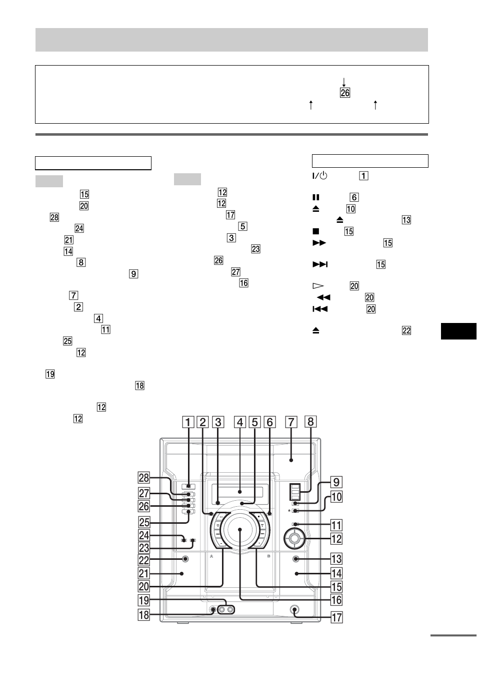 List of button locations and reference, List of button locations and reference pages, Main unit | Sony SS-RG440 User Manual | Page 35 / 40