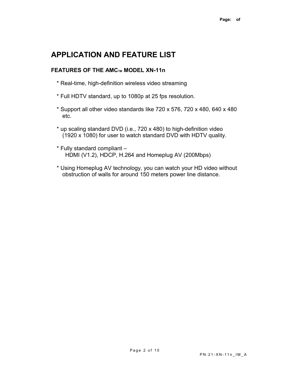 Application and feature list, Features of the amctm model xn-11n | AMC Wireless HDMI Video Link XN-11n User Manual | Page 2 / 10