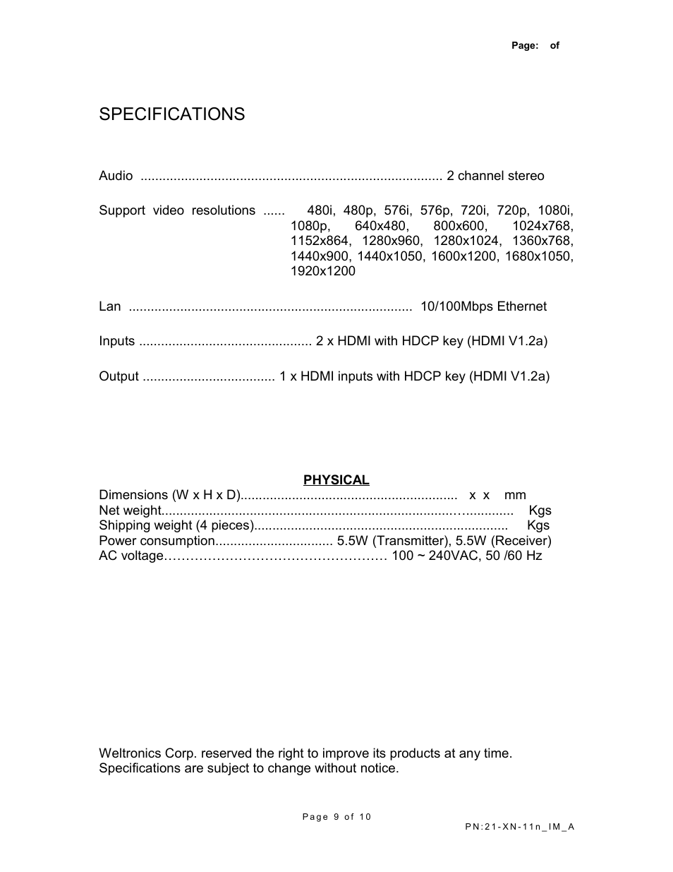 Physical, Specifications | AMC Wireless HDMI Video Link XN-11n User Manual | Page 9 / 10