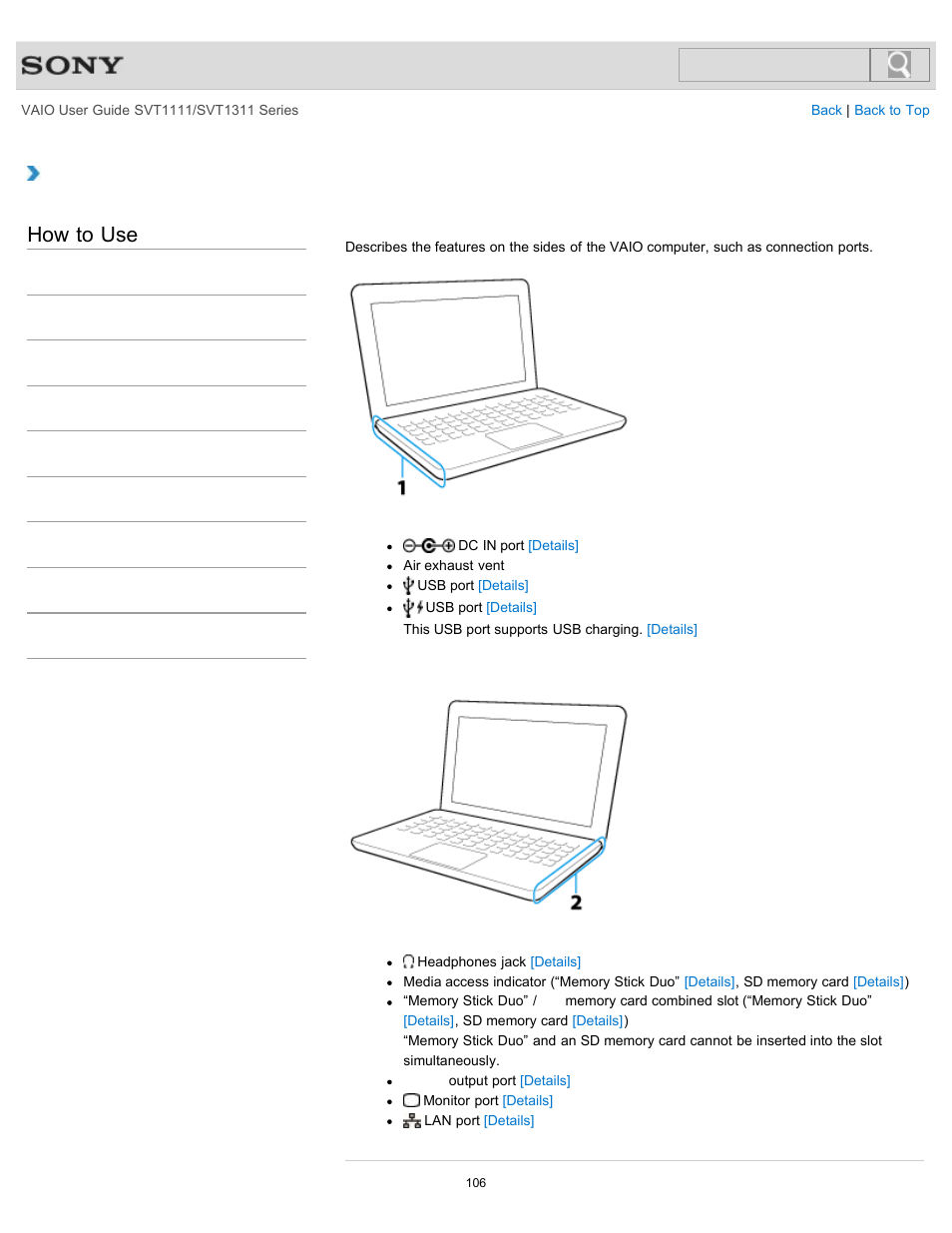 Parts and controls on the sides, How to use | Sony SVT13118FXS User Manual | Page 106 / 345