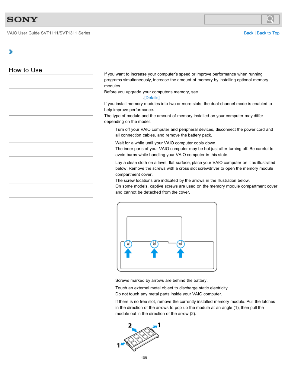 Adding and removing memory modules, Details, How to use | Sony SVT13118FXS User Manual | Page 109 / 345