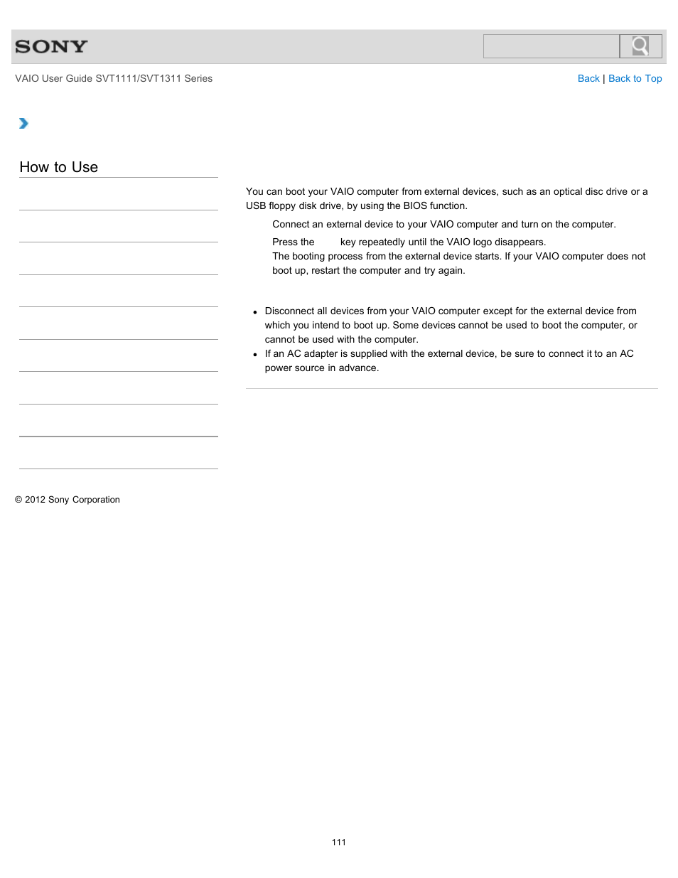 Booting your vaio computer from external devices, How to use | Sony SVT13118FXS User Manual | Page 111 / 345