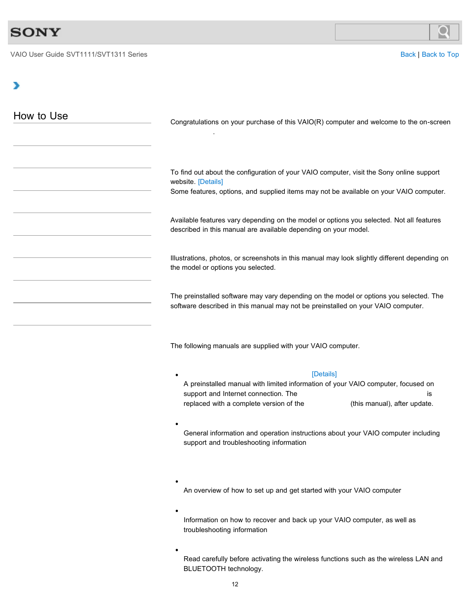 Read this first, How to use | Sony SVT13118FXS User Manual | Page 12 / 345