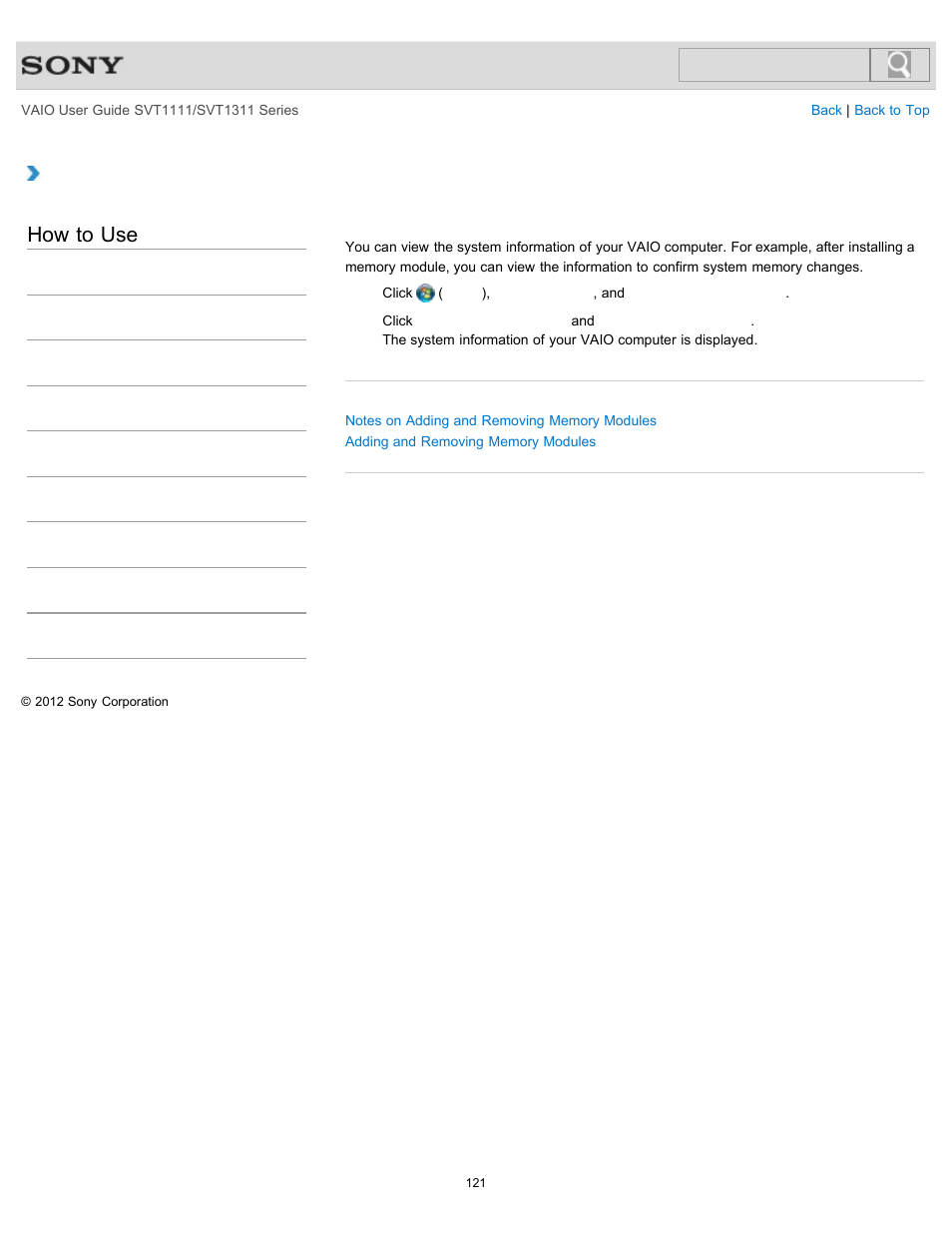 Viewing the system information, Details, How to use | Sony SVT13118FXS User Manual | Page 121 / 345