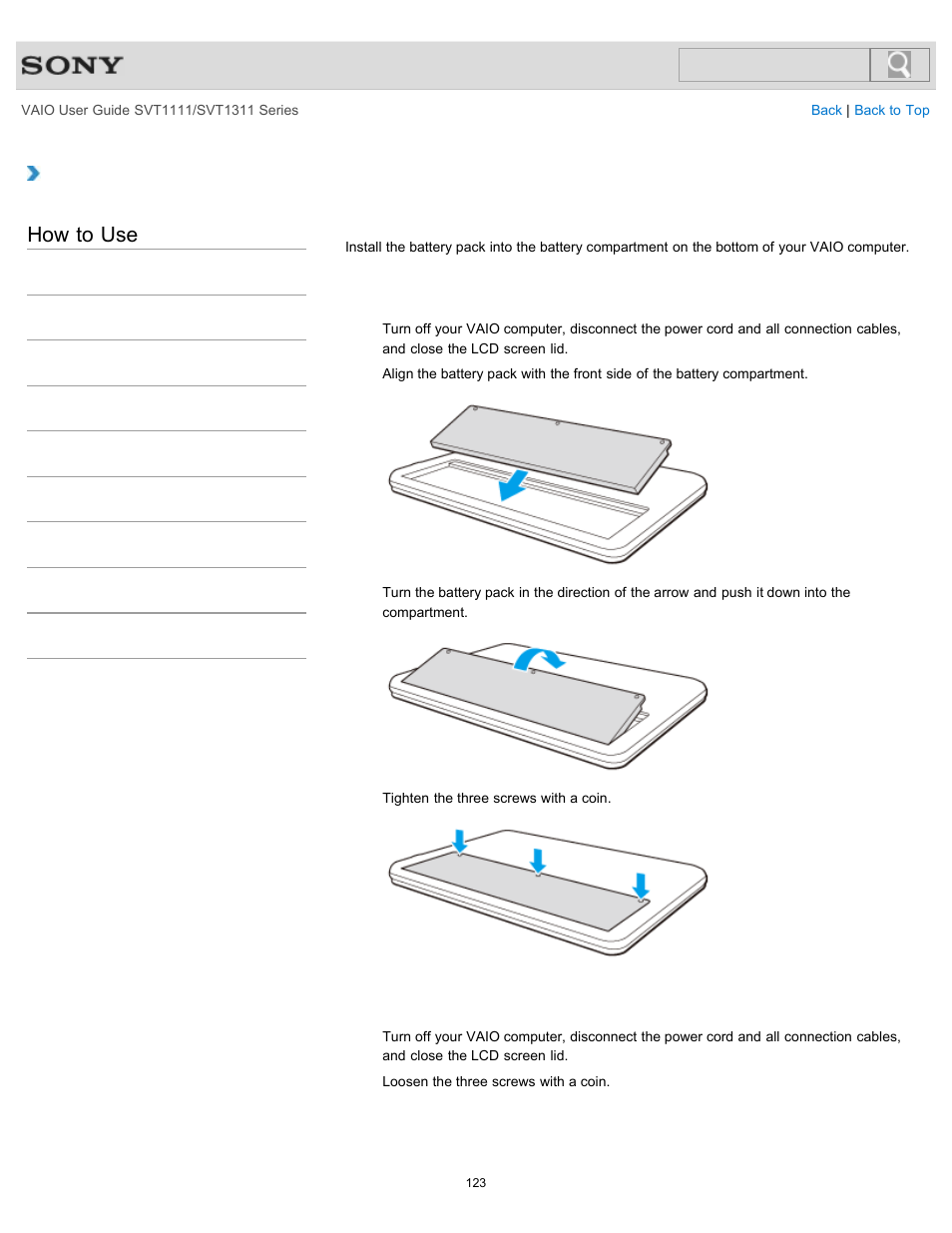 Installing/removing the battery pack, Details, How to use | Sony SVT13118FXS User Manual | Page 123 / 345