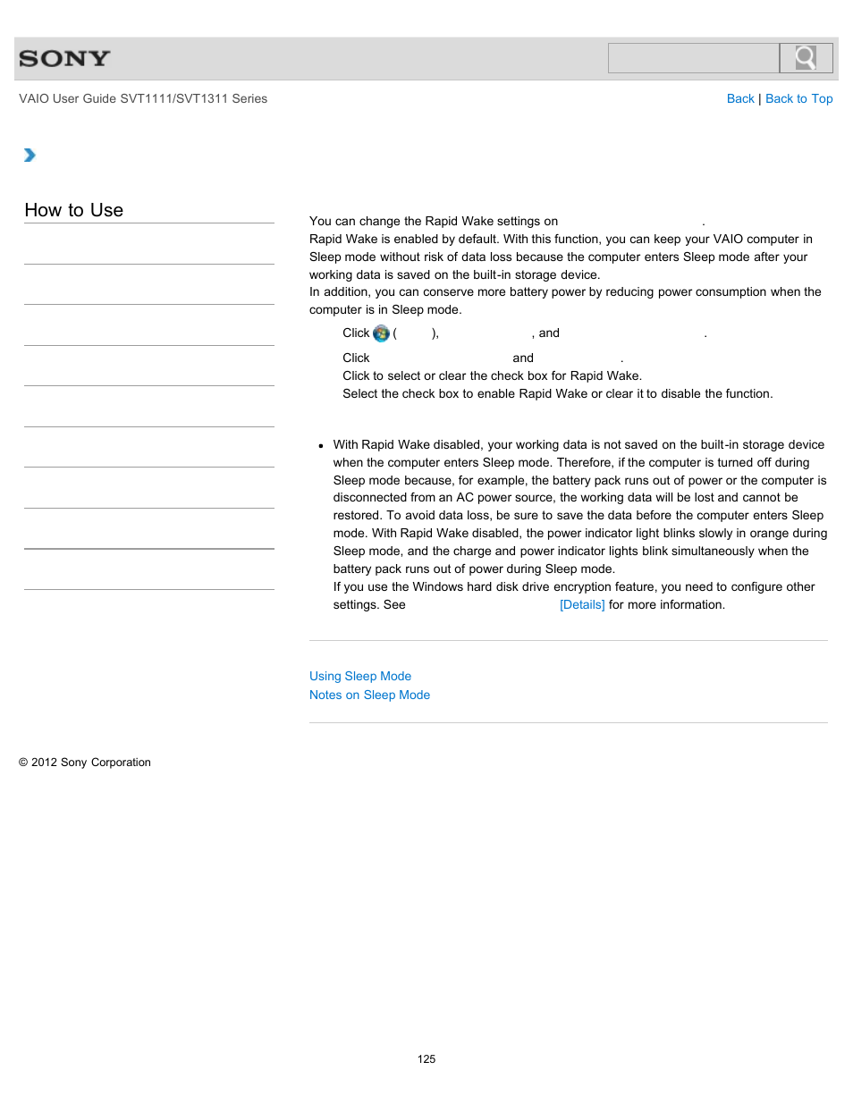 Changing the rapid wake (sleep mode) settings, How to use | Sony SVT13118FXS User Manual | Page 125 / 345