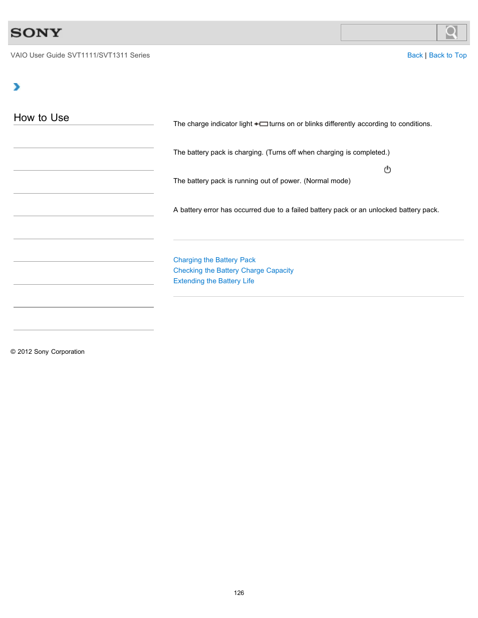 Charge indicator status list, Details, How to use | Sony SVT13118FXS User Manual | Page 126 / 345