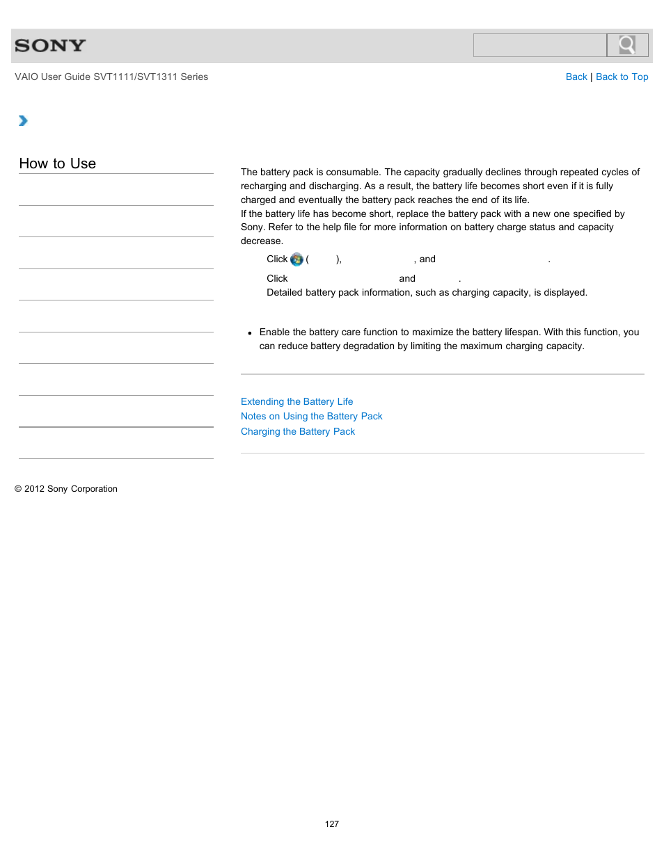 Checking the battery charge capacity, How to use | Sony SVT13118FXS User Manual | Page 127 / 345