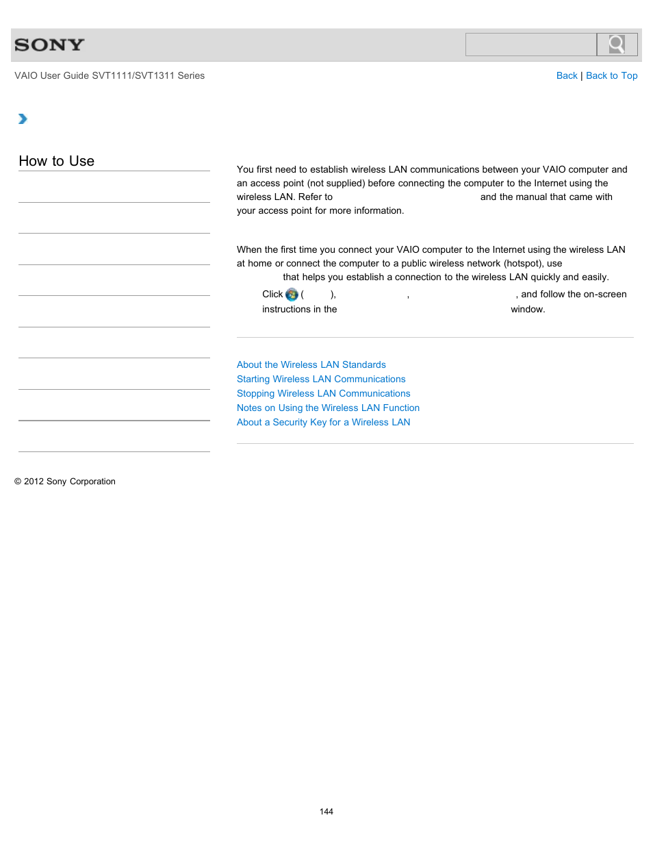 Before using the wireless lan, How to use | Sony SVT13118FXS User Manual | Page 144 / 345