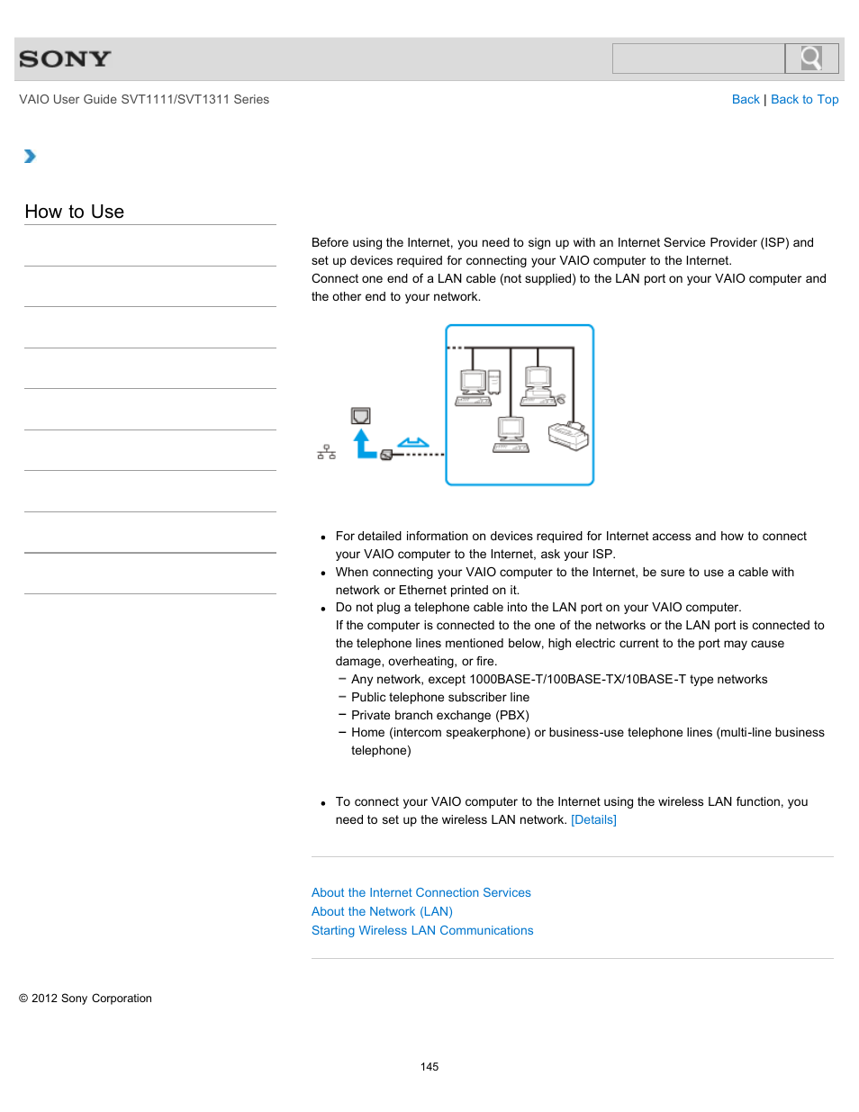 Connecting to the internet with a wired connection, Details, How to use | Sony SVT13118FXS User Manual | Page 145 / 345