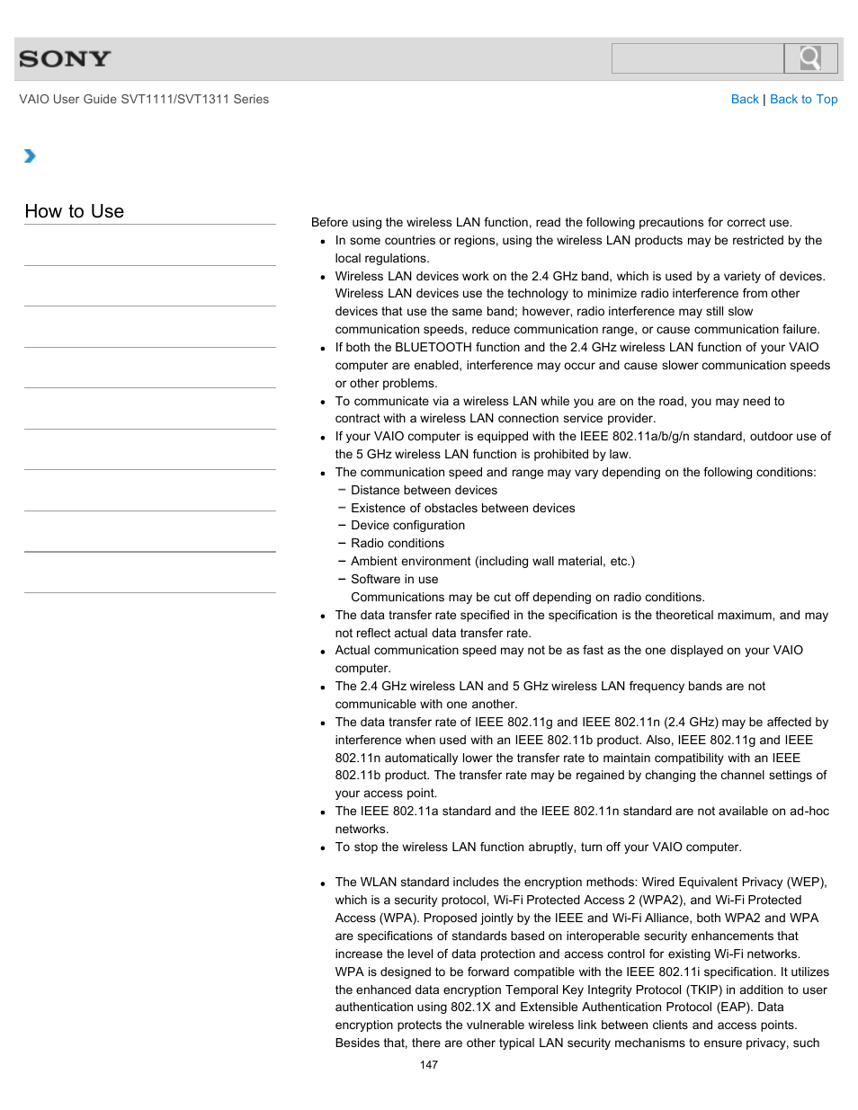 Notes on using the wireless lan function, How to use | Sony SVT13118FXS User Manual | Page 147 / 345