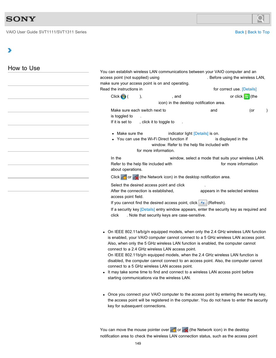 Starting wireless lan communications, How to use | Sony SVT13118FXS User Manual | Page 149 / 345