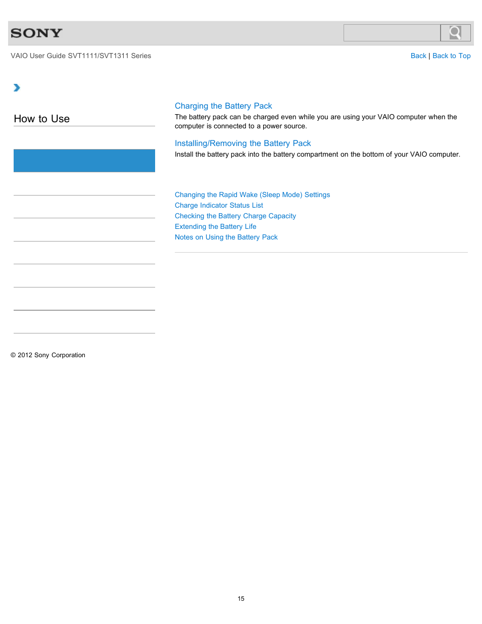 Battery, How to use | Sony SVT13118FXS User Manual | Page 15 / 345