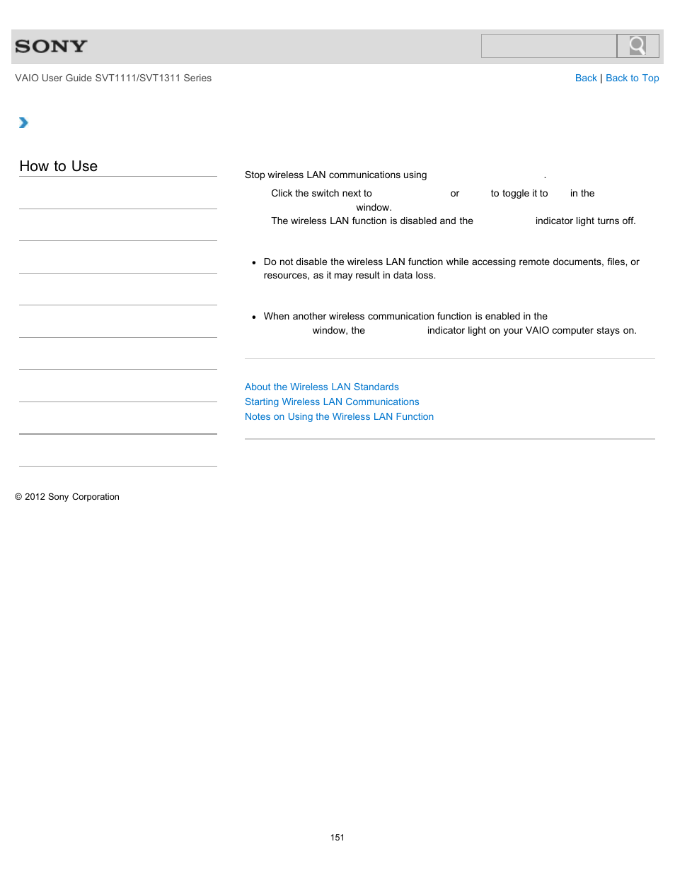 Stopping wireless lan communications, How to use | Sony SVT13118FXS User Manual | Page 151 / 345