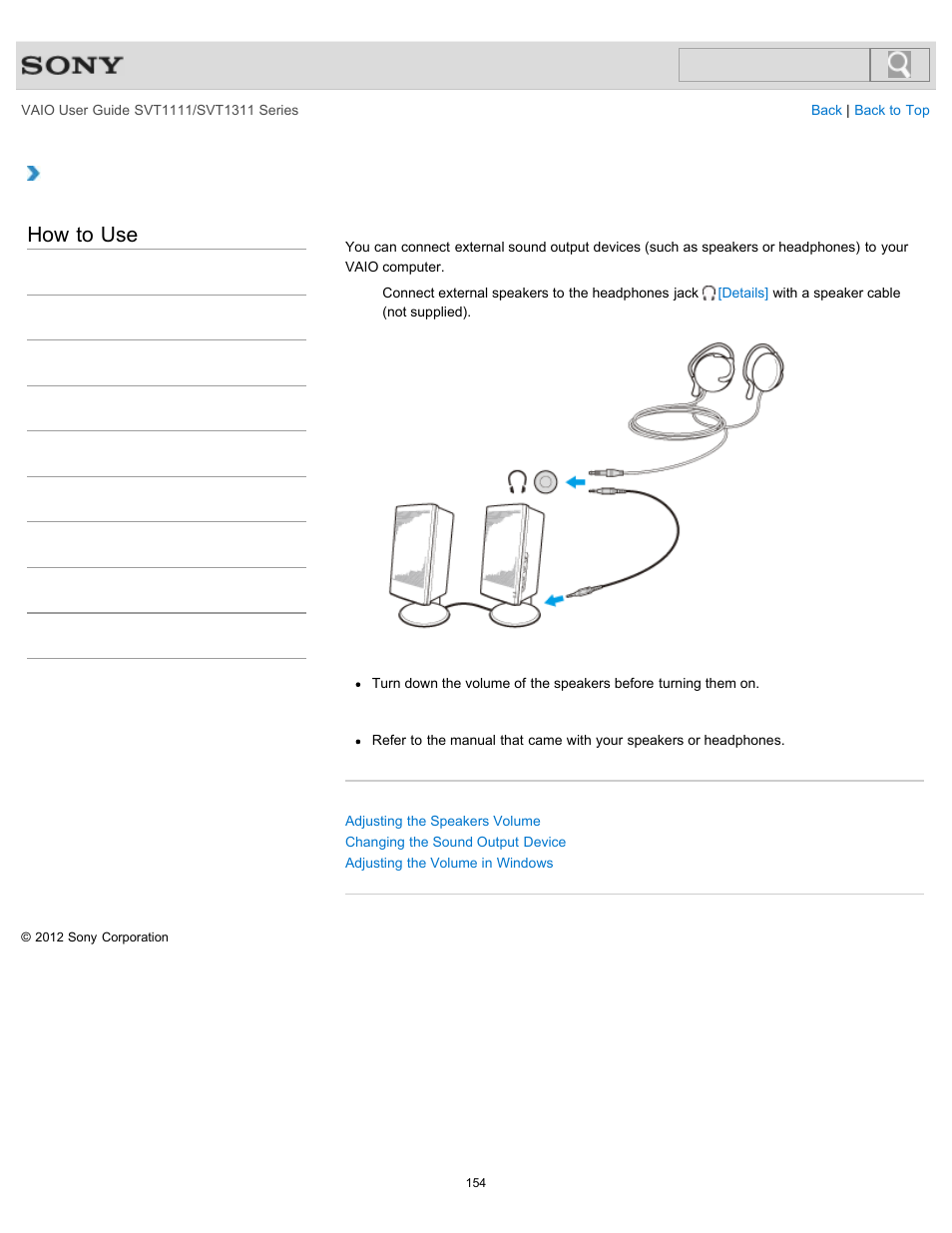 Connecting external speakers or headphones, Details, How to use | Sony SVT13118FXS User Manual | Page 154 / 345