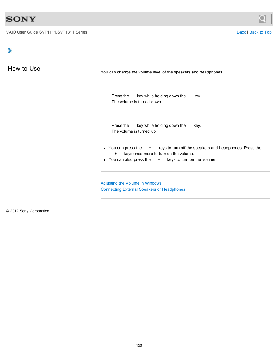 Adjusting the speakers volume, Details, How to use | Sony SVT13118FXS User Manual | Page 156 / 345