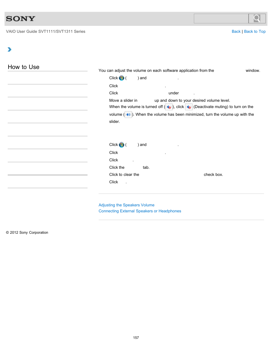 Adjusting the volume in windows, How to use | Sony SVT13118FXS User Manual | Page 157 / 345