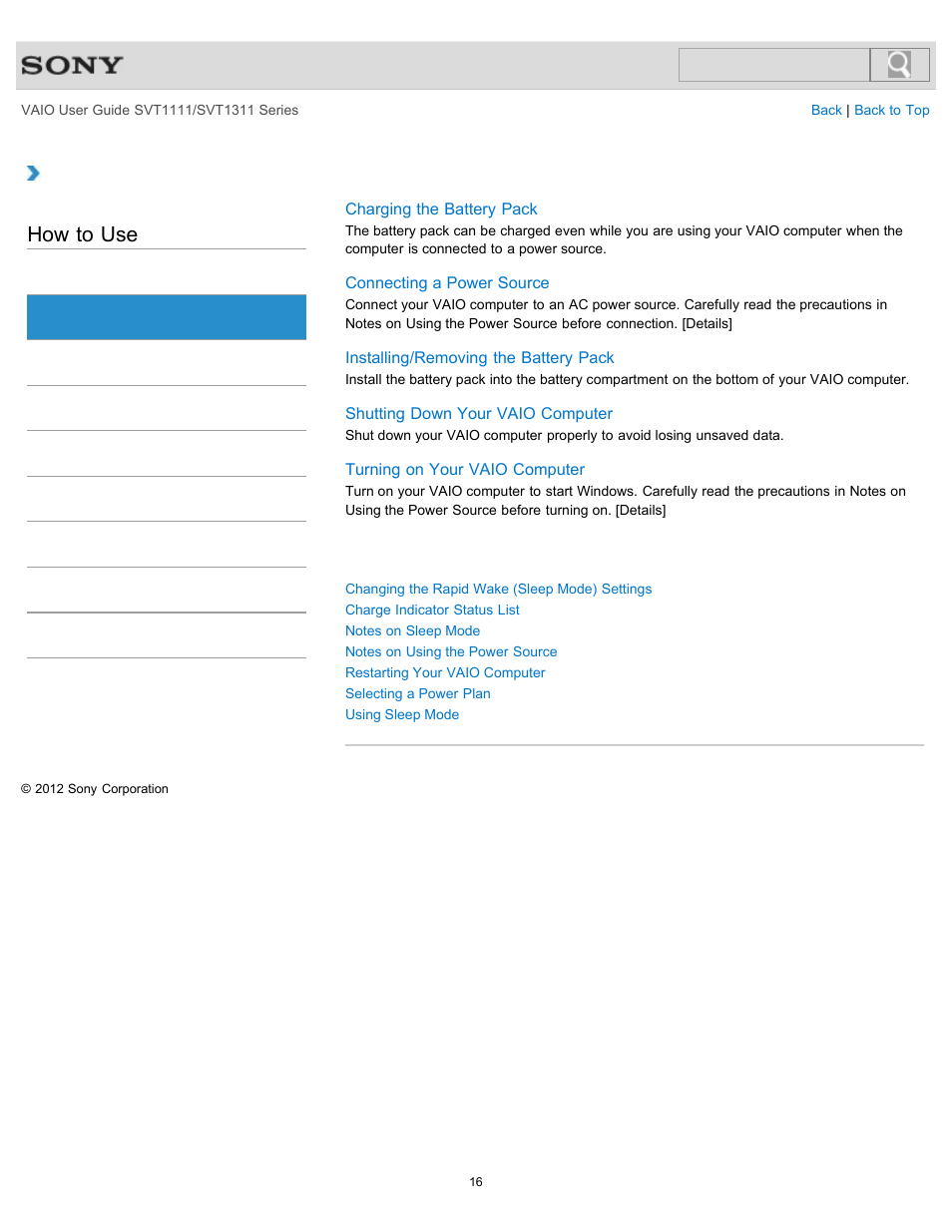 Power, How to use | Sony SVT13118FXS User Manual | Page 16 / 345