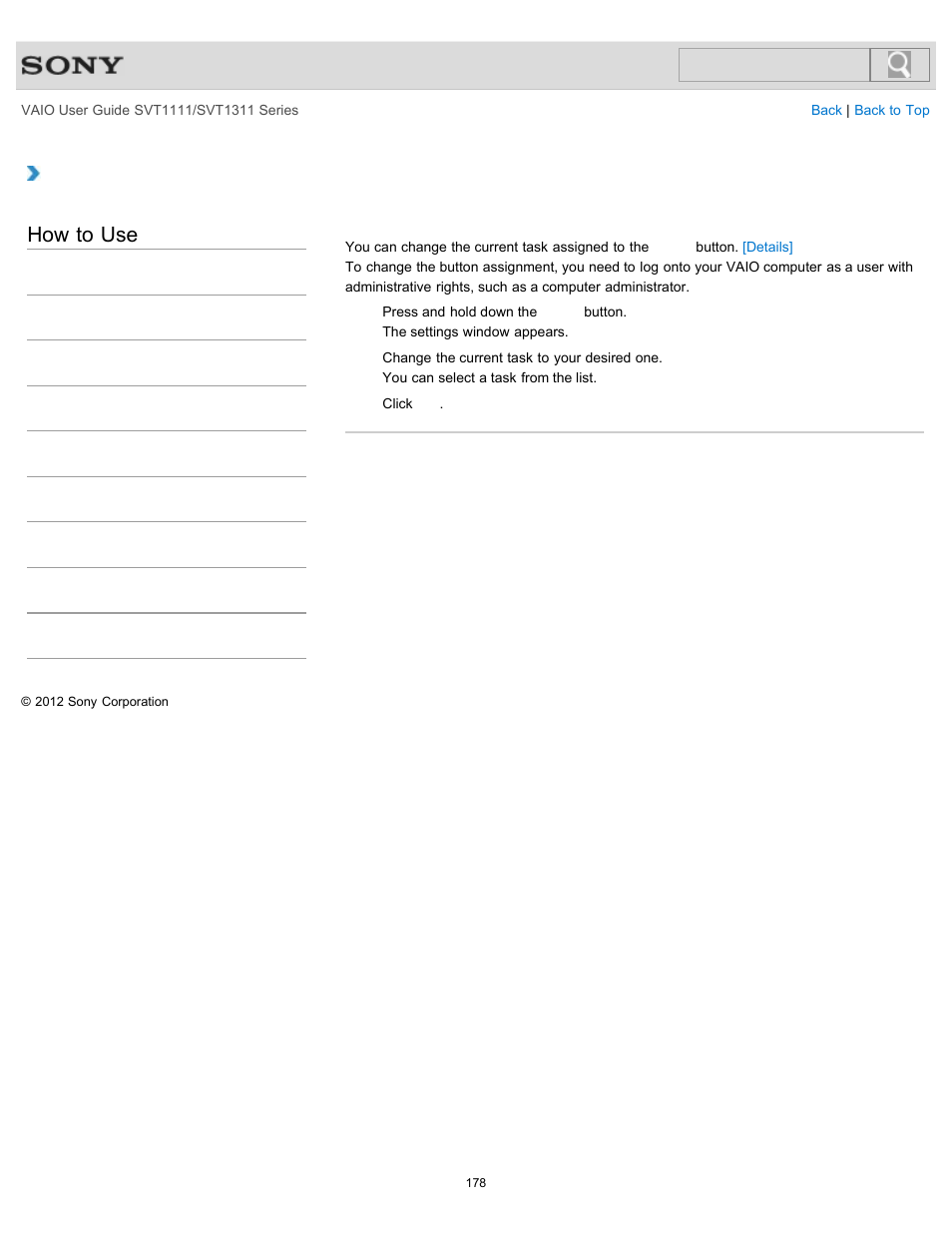 Changing the button assignment (vaio button), Details, How to use | Sony SVT13118FXS User Manual | Page 178 / 345