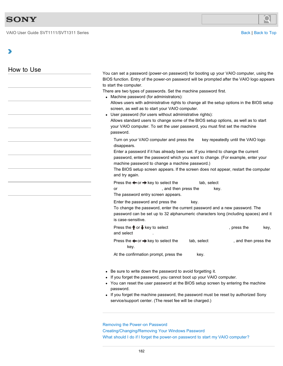 Setting/changing the power-on password, How to use | Sony SVT13118FXS User Manual | Page 182 / 345