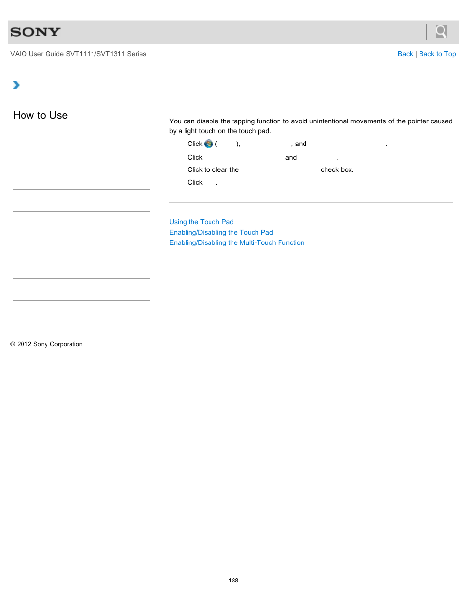 Disabling the tapping function on the touch pad, How to use | Sony SVT13118FXS User Manual | Page 188 / 345