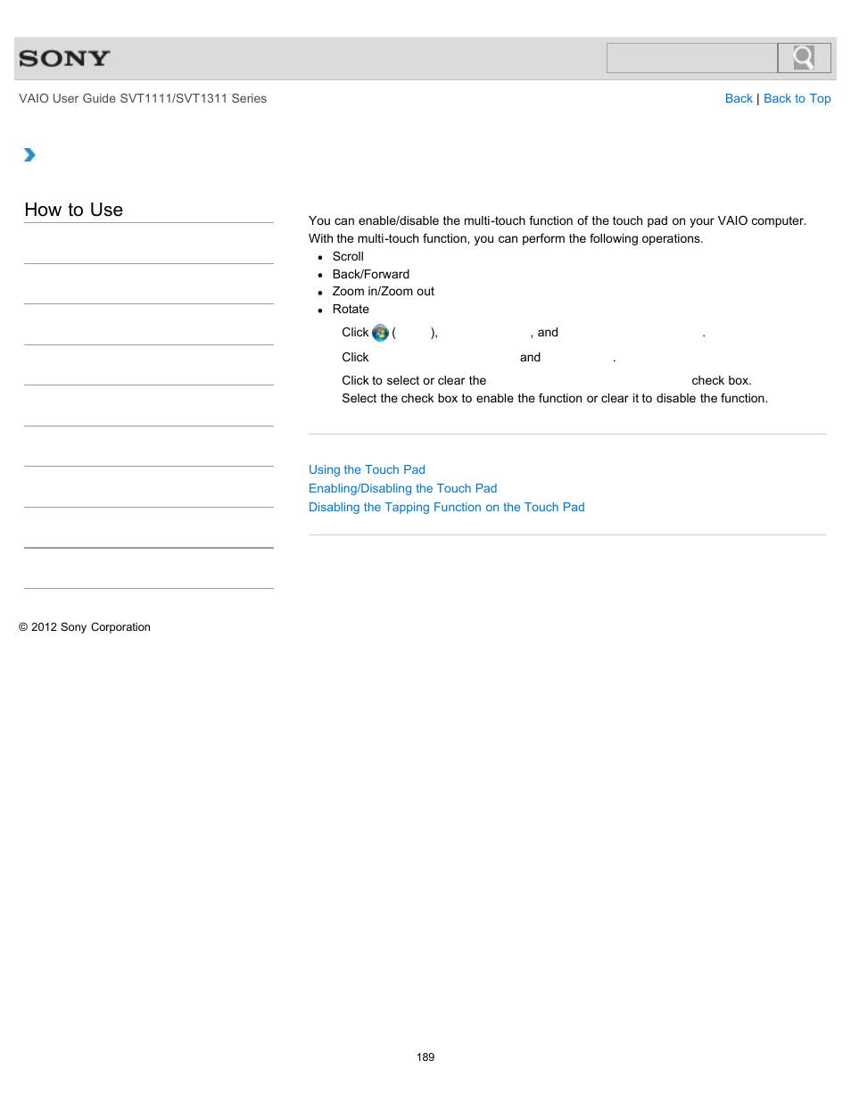 Enabling/disabling the multi-touch function, How to use | Sony SVT13118FXS User Manual | Page 189 / 345