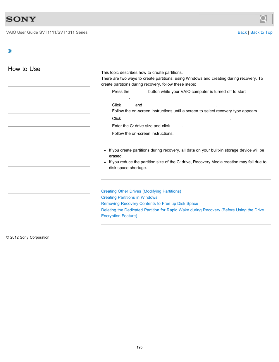 Creating partitions during recovery, Details, How to use | Sony SVT13118FXS User Manual | Page 195 / 345