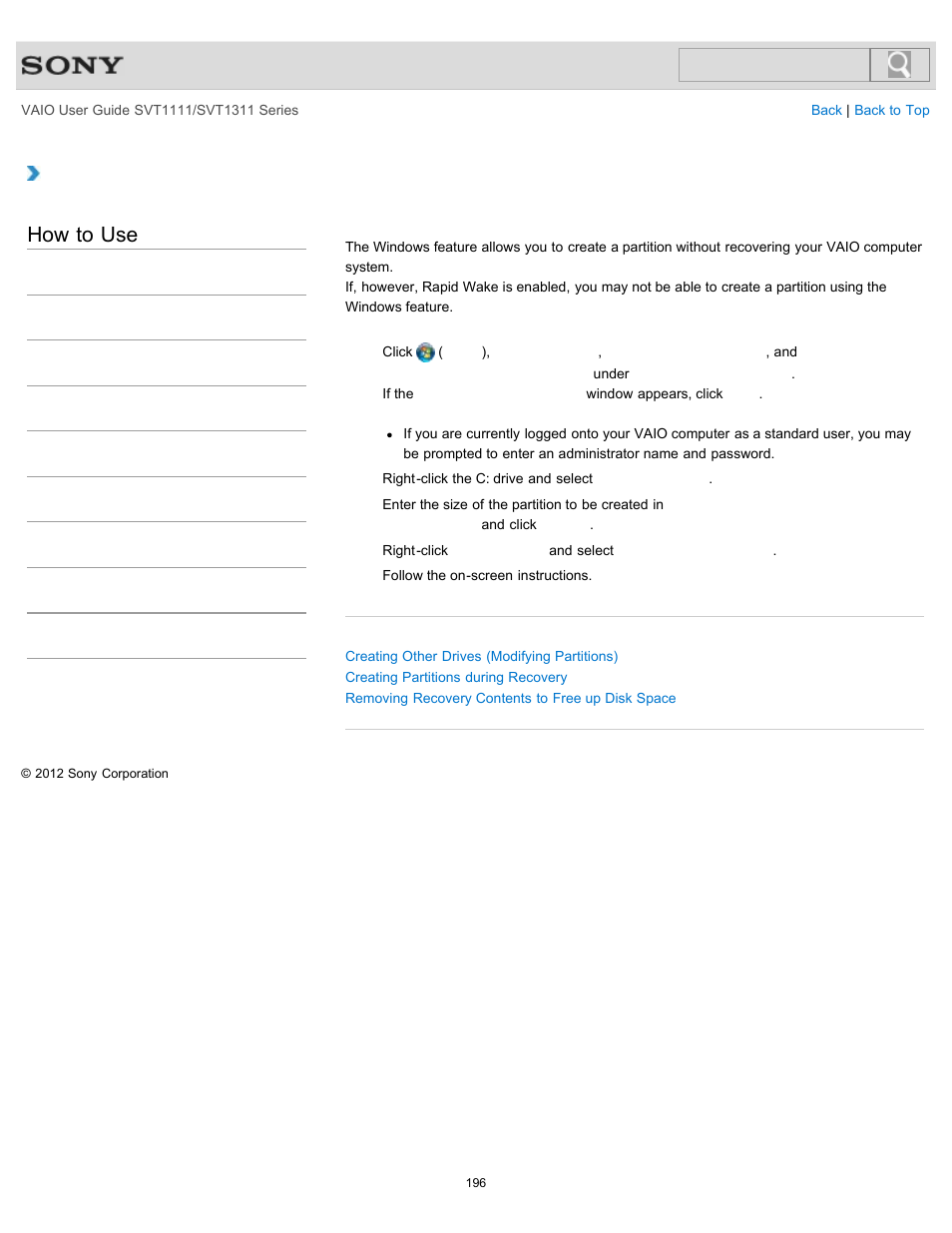 Creating partitions in windows, How to use | Sony SVT13118FXS User Manual | Page 196 / 345