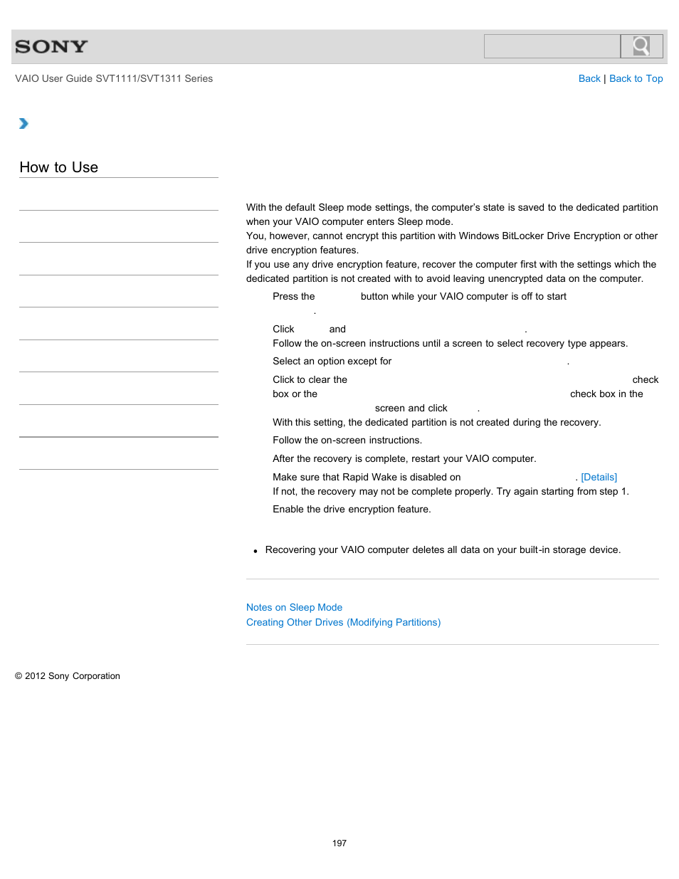 Using the drive encryption feature), Details, How to use | Sony SVT13118FXS User Manual | Page 197 / 345