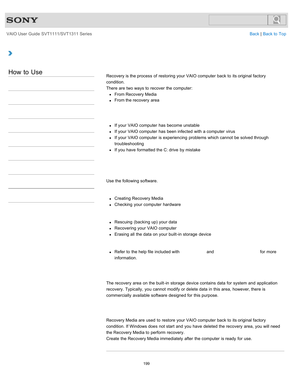 About recovery, How to use | Sony SVT13118FXS User Manual | Page 199 / 345