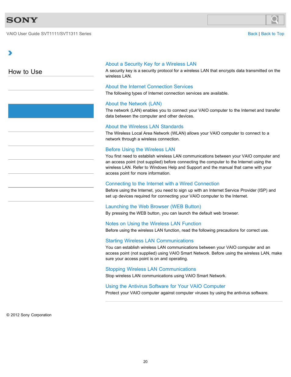 Internet, How to use | Sony SVT13118FXS User Manual | Page 20 / 345