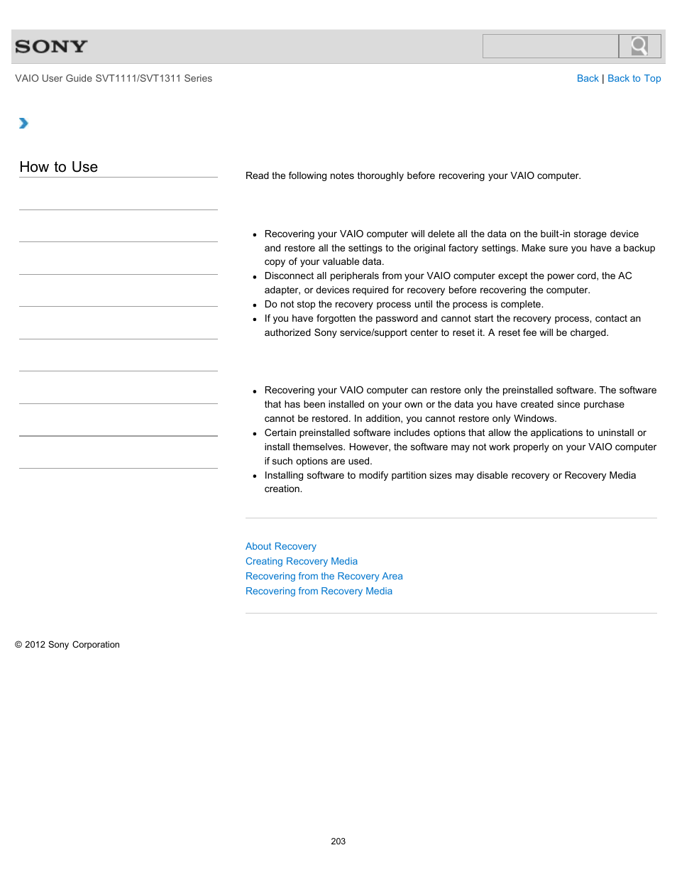 Notes on recovery, How to use | Sony SVT13118FXS User Manual | Page 203 / 345