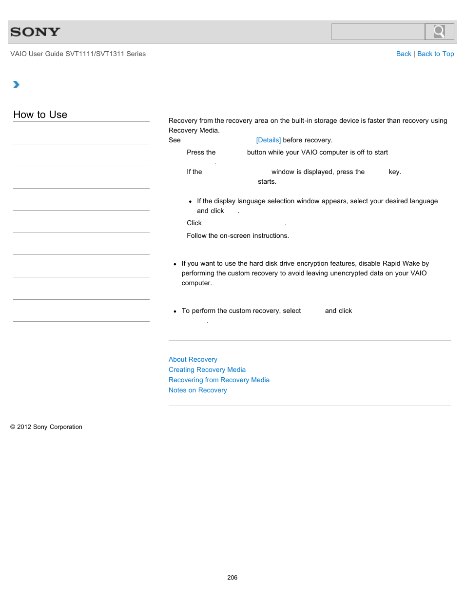 Recovering from the recovery area, Details, How to use | Sony SVT13118FXS User Manual | Page 206 / 345