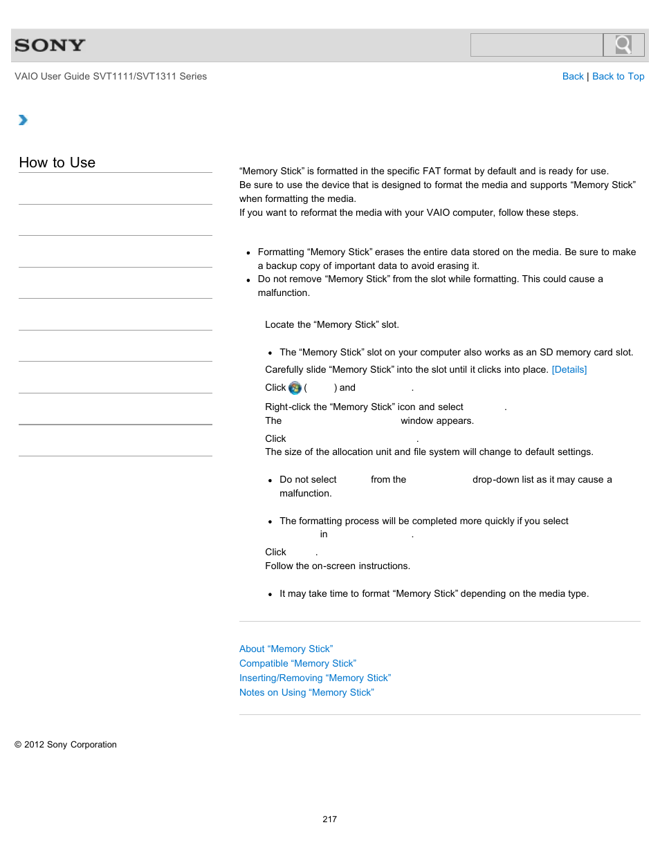 Formatting “memory stick, How to use | Sony SVT13118FXS User Manual | Page 217 / 345