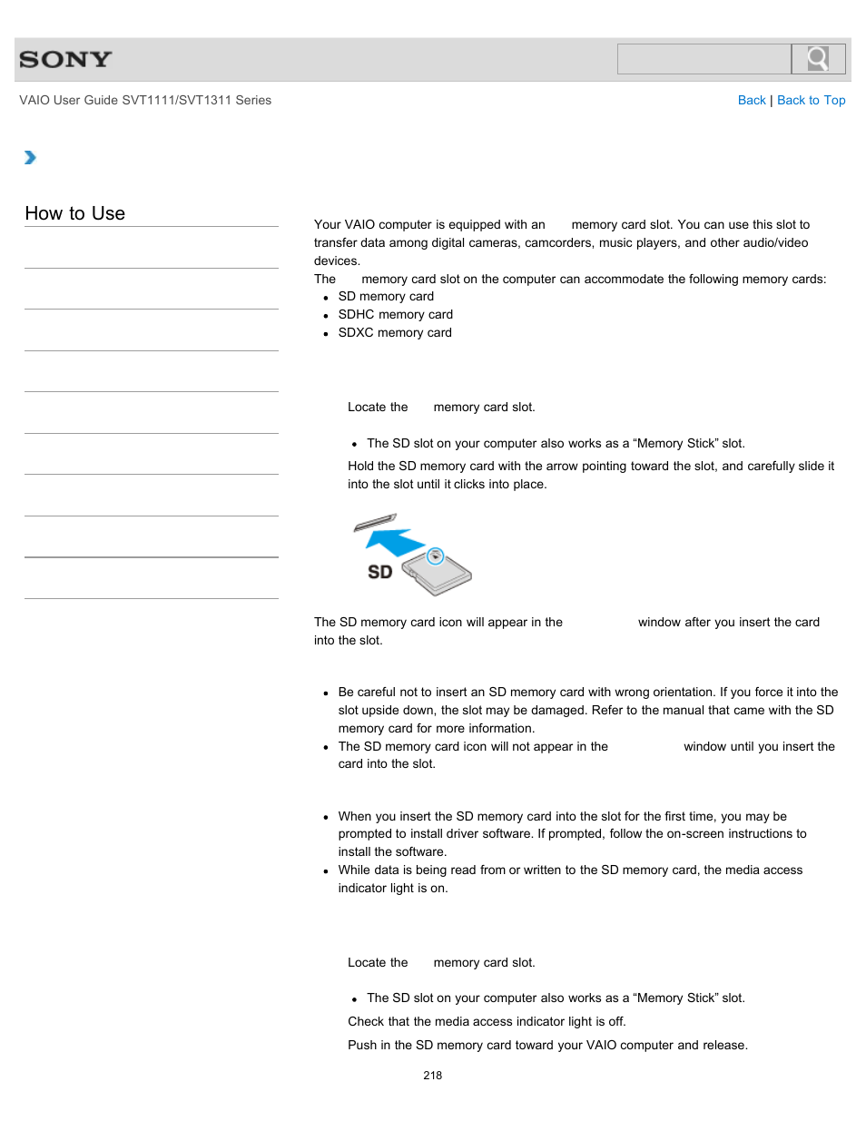 Inserting/removing sd memory cards, Details, How to use | Sony SVT13118FXS User Manual | Page 218 / 345