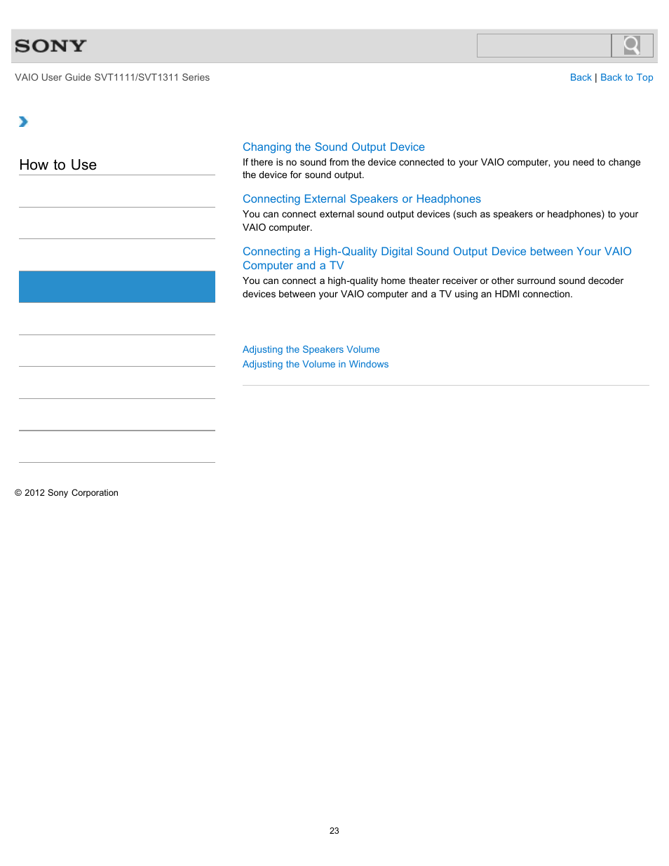 Audio, How to use | Sony SVT13118FXS User Manual | Page 23 / 345
