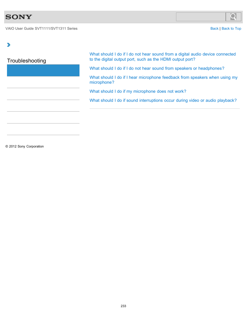 Audio, Troubleshooting | Sony SVT13118FXS User Manual | Page 233 / 345