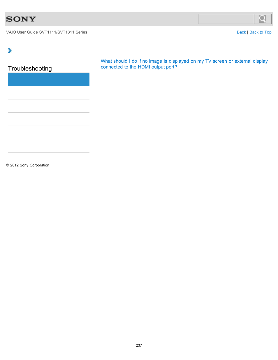 Hdmi, Troubleshooting | Sony SVT13118FXS User Manual | Page 237 / 345