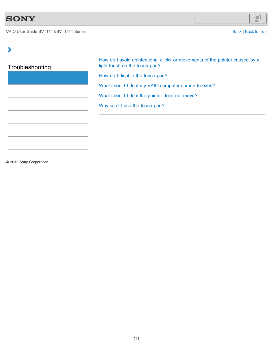 Touch pad, Troubleshooting | Sony SVT13118FXS User Manual | Page 241 / 345